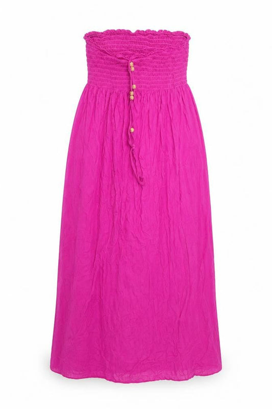 Front view of women’s pink viscose maxi, size S, off the shoulder