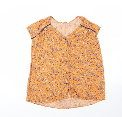 TU Womens Yellow Floral Viscose Basic Blouse Size 14 V-Neck