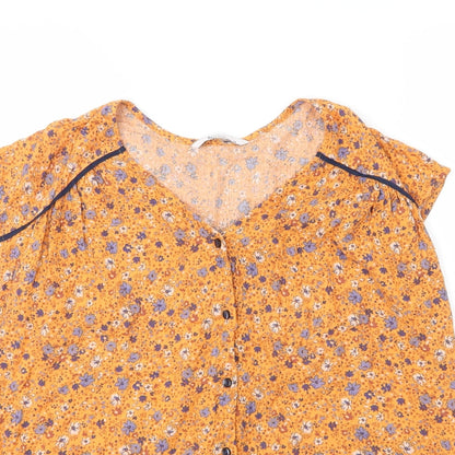 TU Womens Yellow Floral Viscose Basic Blouse Size 14 V-Neck