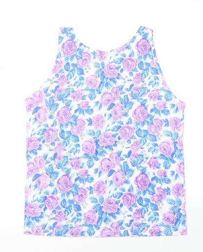Memo Womens Purple Floral Cotton Basic Tank Size M Round Neck