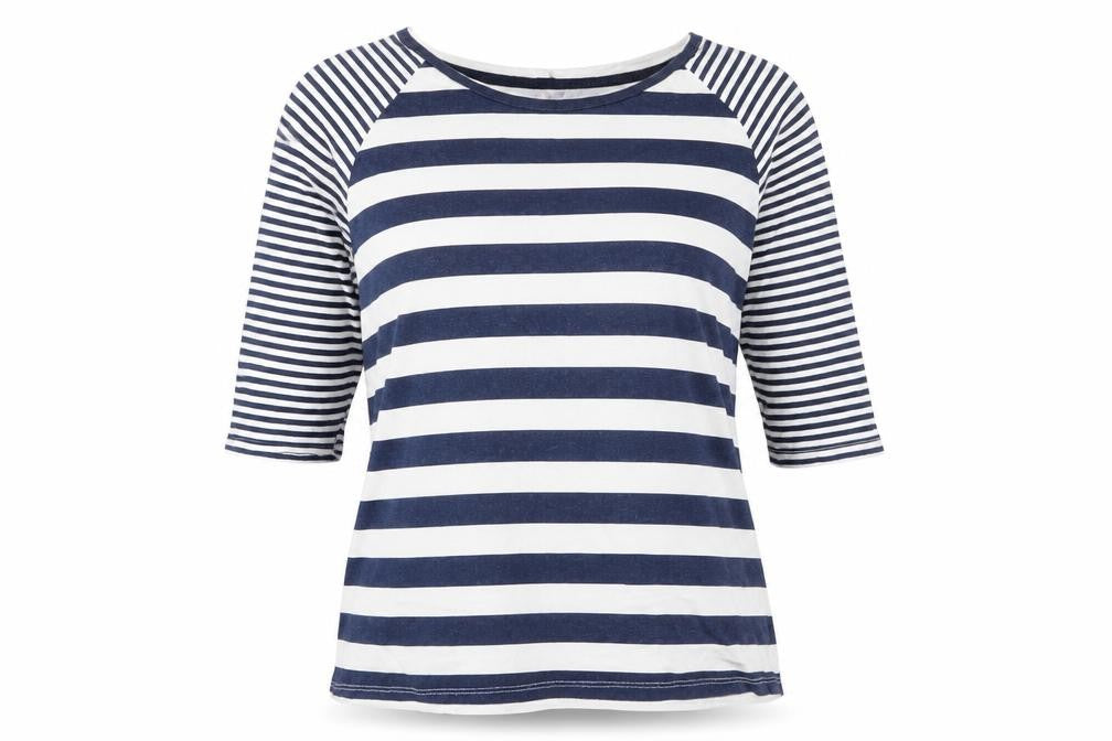 Front view of Internationale women’s blue striped cotton basic t-shirt, size UK 8, round neck