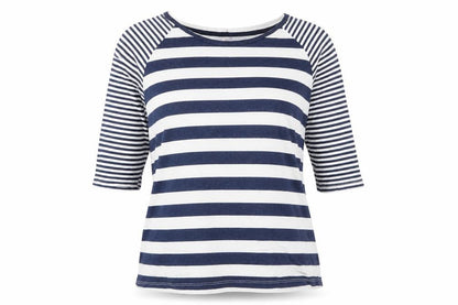 Front view of Internationale women’s blue striped cotton basic t-shirt, size UK 8, round neck