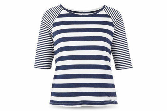 Front view of Internationale women’s blue striped cotton basic t-shirt, size UK 8, round neck