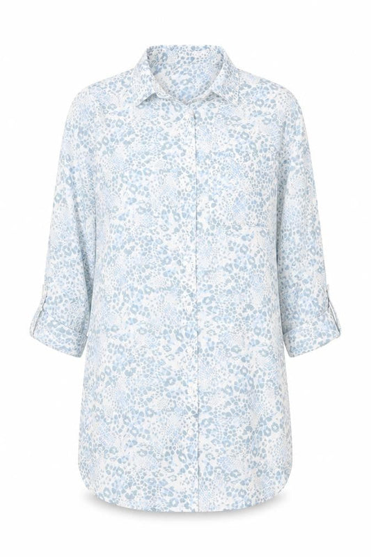 Front view of Peacocks women’s blue animal print polyester tunic blouse, size UK 8, collared - leopard print