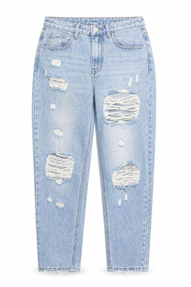 Front view of Monday women’s blue cotton mom jeans, size S, 24-inch leg regular zip