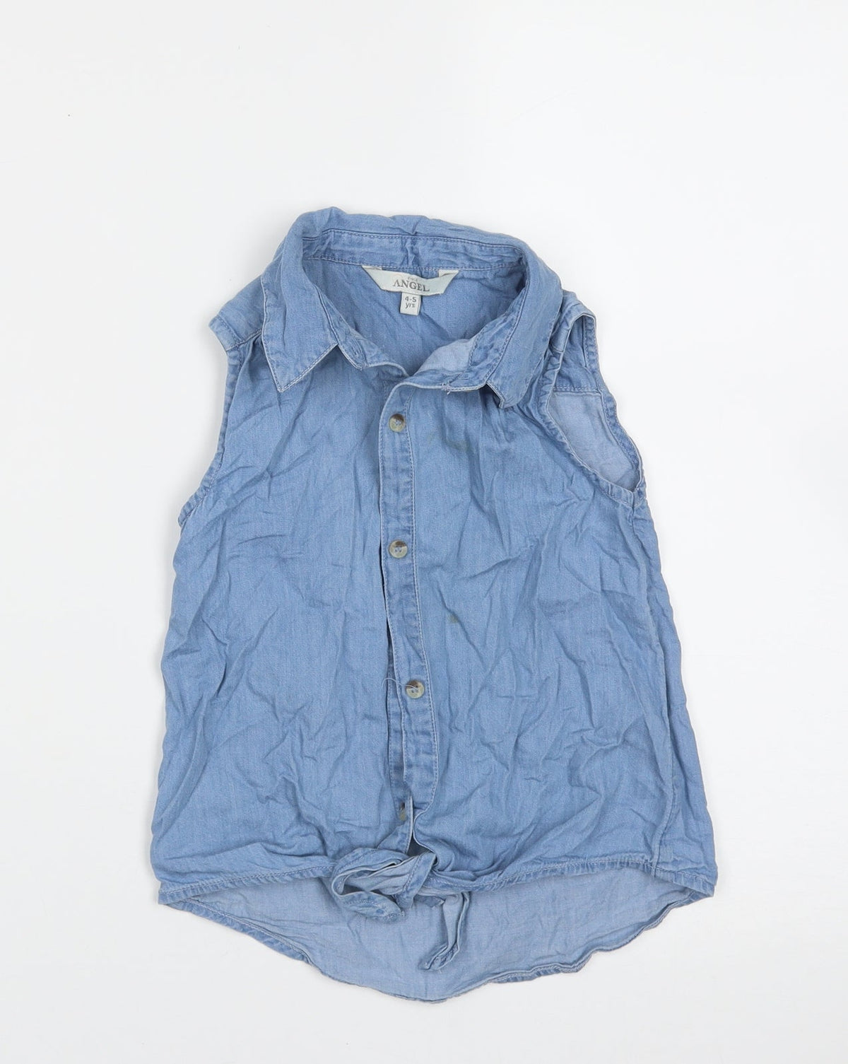 Additional front view of Evie Angel girls’ blue cotton basic blouse, size 4-5, years collared button - tie at front