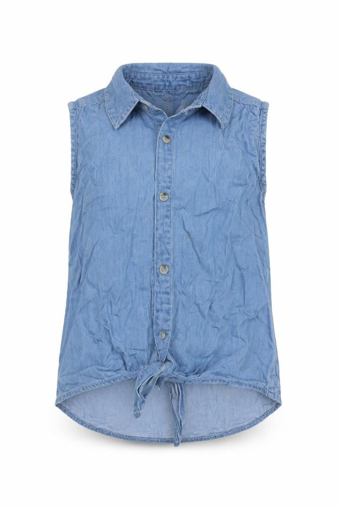 Front view of Evie Angel girls’ blue cotton basic blouse, size 4-5, years collared button - tie at front