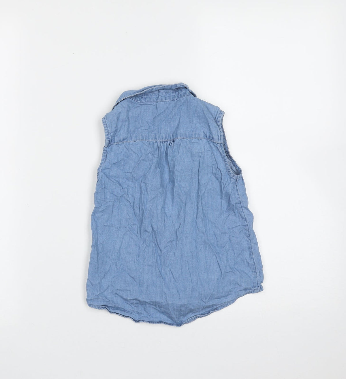 Back view of Evie Angel girls’ blue cotton basic blouse, size 4-5, years collared button - tie at front
