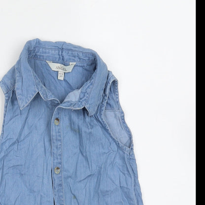 Close-up detail of Evie Angel girls’ blue cotton basic blouse, size 4-5, years collared button - tie at front