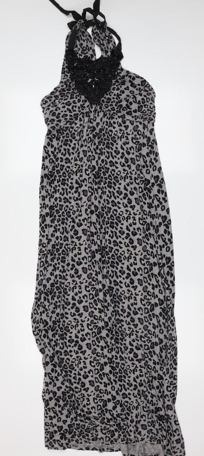 Oasis Womens Grey Animal Print Viscose Maxi  Size S  Round Neck  - beaded