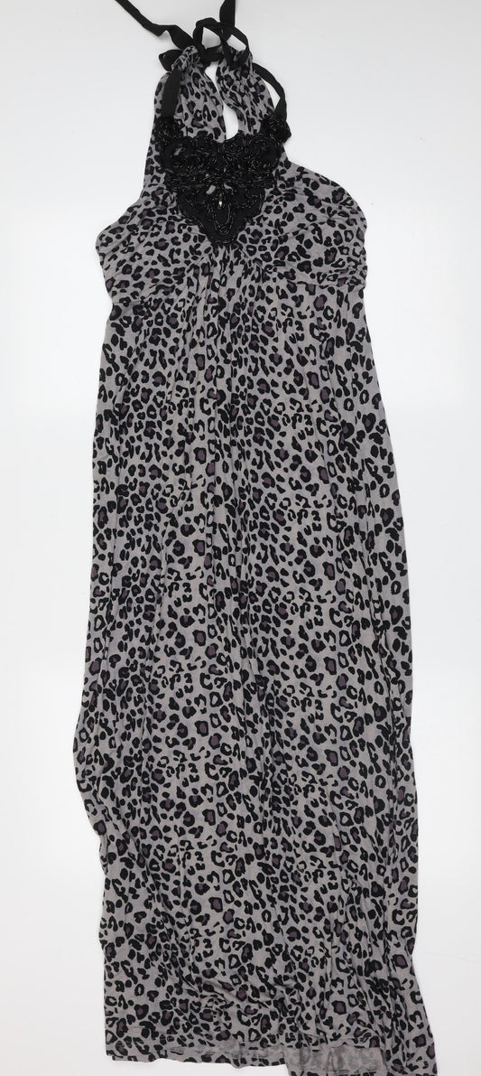 Oasis Womens Grey Animal Print Viscose Maxi  Size S  Round Neck  - beaded