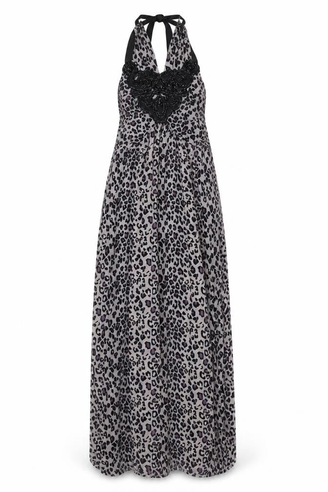 Front view of Oasis women’s grey animal print viscose maxi, size S, round neck - beaded