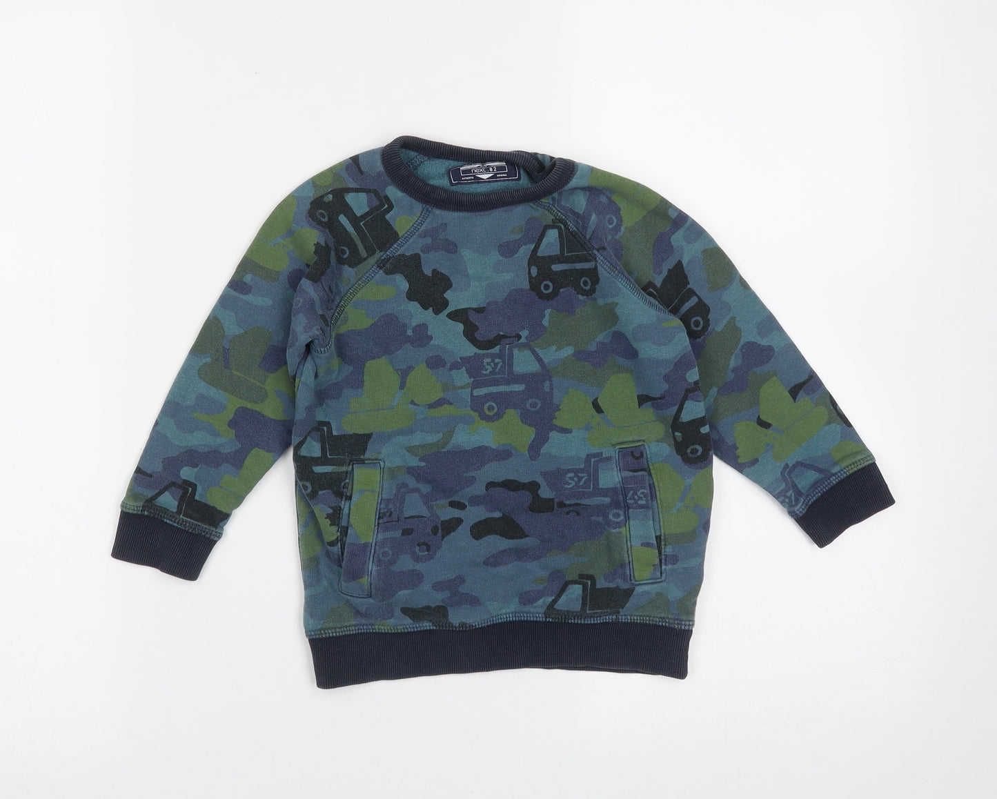 NEXT Boys Blue Camouflage Cotton Pullover Sweatshirt Size 2-3 Years   - trucks
