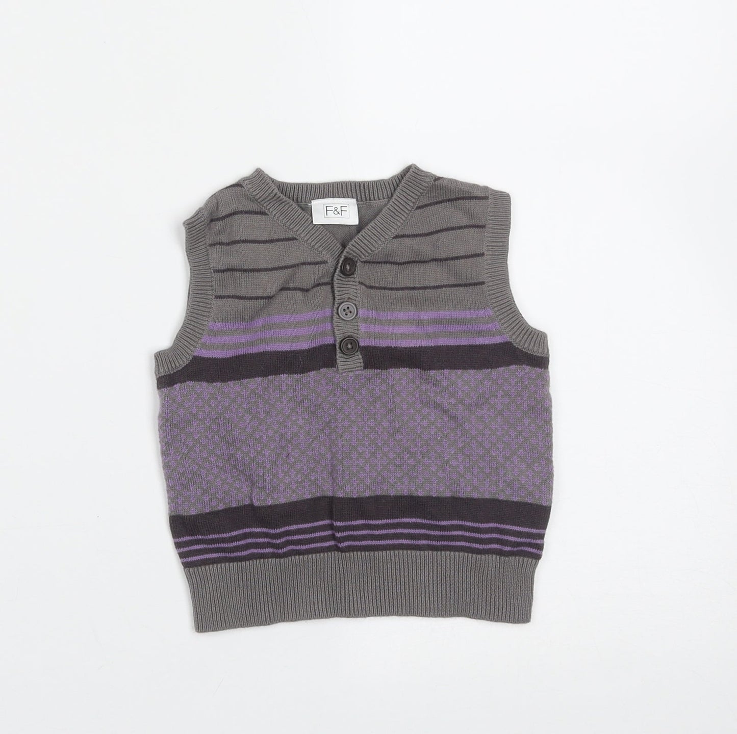 F&F Boys Grey Striped Cotton Pullover Jumper Size 3-6 Months