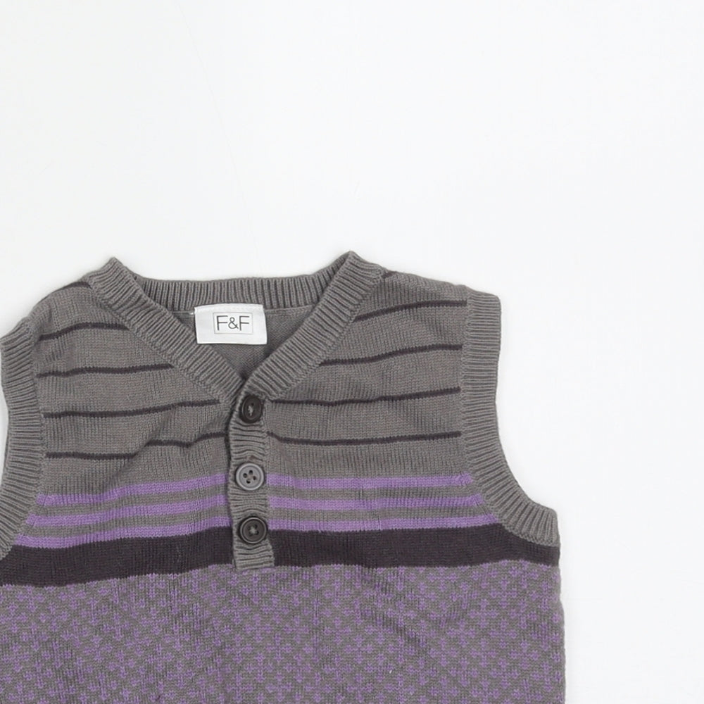 F&F Boys Grey Striped Cotton Pullover Jumper Size 3-6 Months