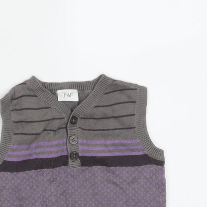 F&F Boys Grey Striped Cotton Pullover Jumper Size 3-6 Months