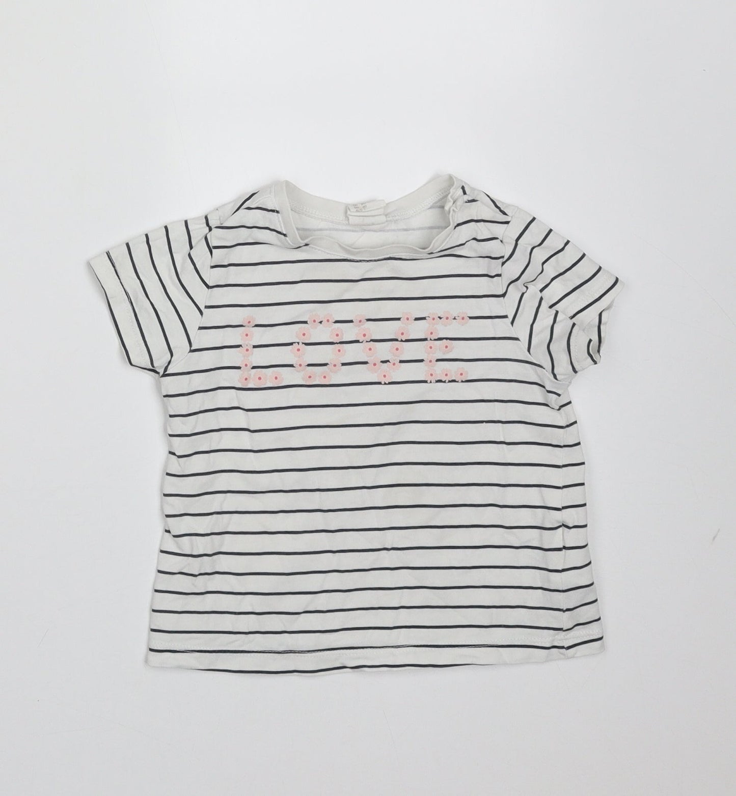 H&M Girls White Striped Cotton Basic T-Shirt Size 9-12 Months Round Neck  - love