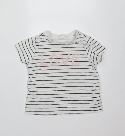 H&M Girls White Striped Cotton Basic T-Shirt Size 9-12 Months Round Neck  - love