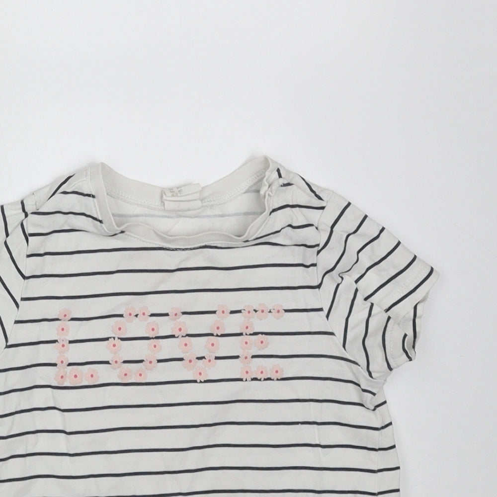 H&M Girls White Striped Cotton Basic T-Shirt Size 9-12 Months Round Neck  - love