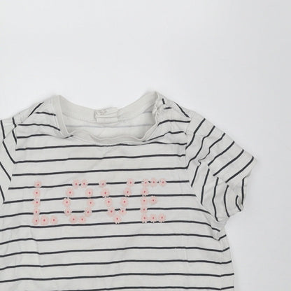 H&M Girls White Striped Cotton Basic T-Shirt Size 9-12 Months Round Neck  - love