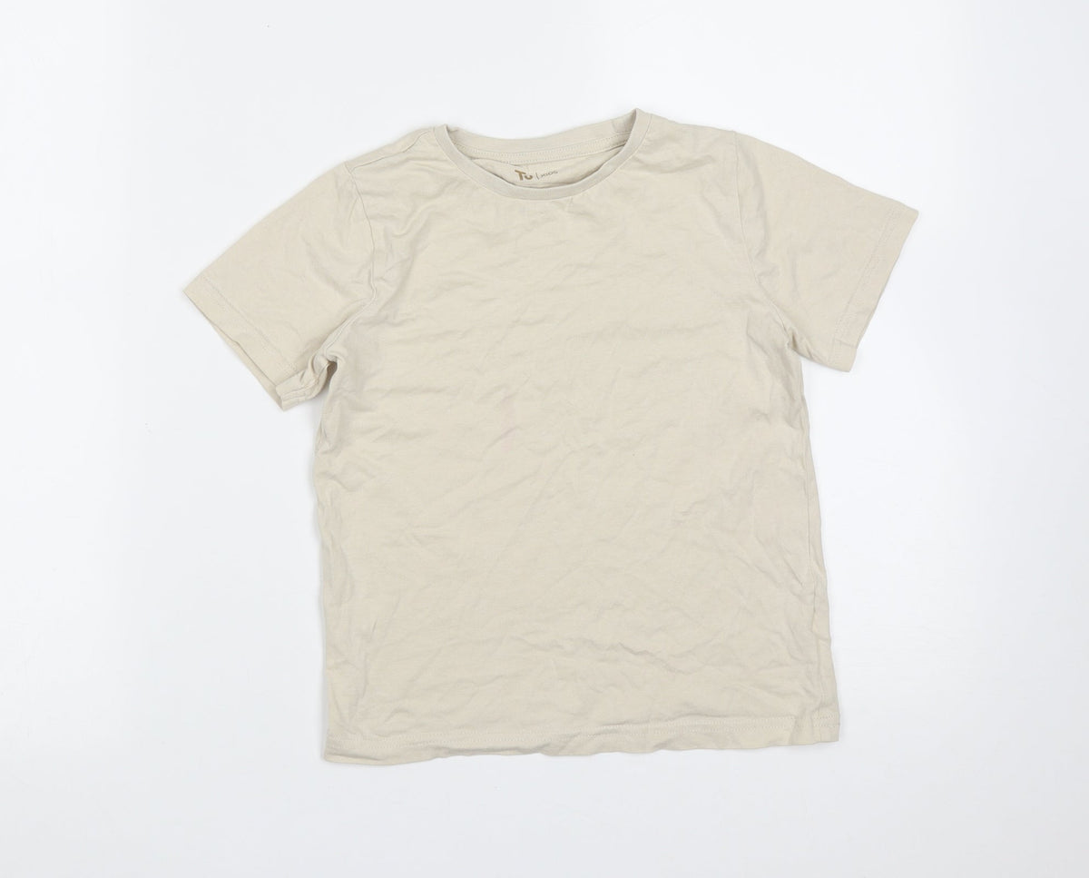 Additional front view of Tu boys’ beige cotton basic t-shirt, size 8, years round neck