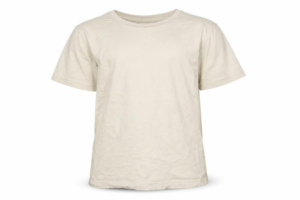 Front view of Tu boys’ beige cotton basic t-shirt, size 8, years round neck