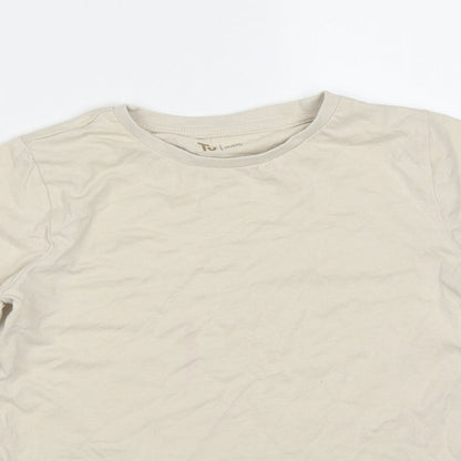 Close-up detail of Tu boys’ beige cotton basic t-shirt, size 8, years round neck