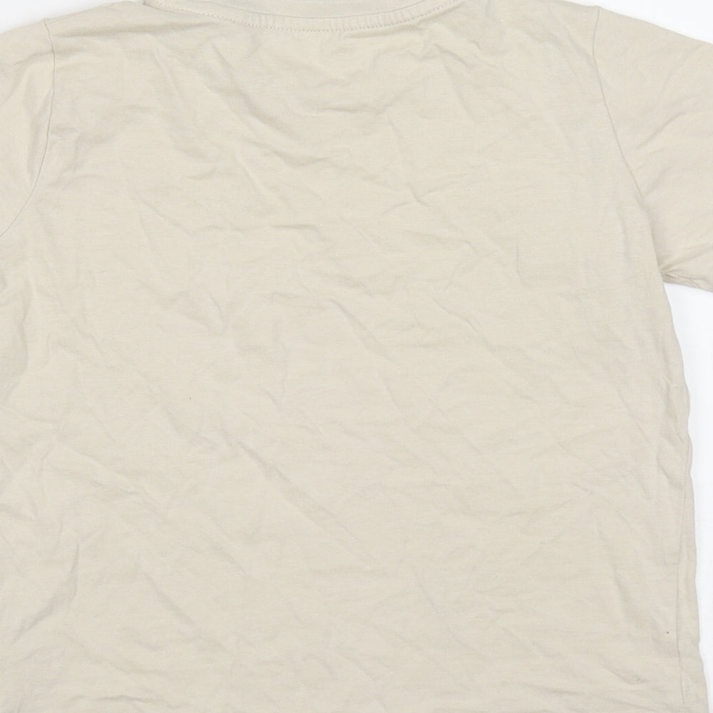 Brand and care label for Tu boys’ beige cotton basic t-shirt, size 8, years round neck