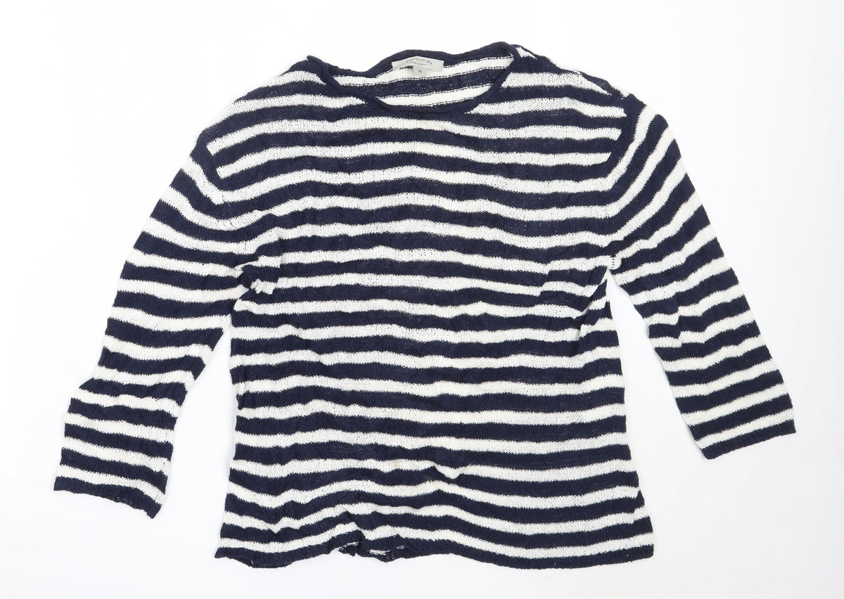 Additional front view of Comma women’s blue round neck striped cotton jumper, size UK 36