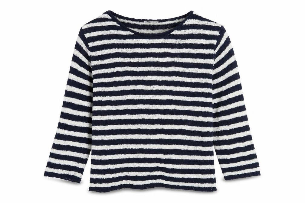 Front view of Comma women’s blue round neck striped cotton jumper, size UK 36