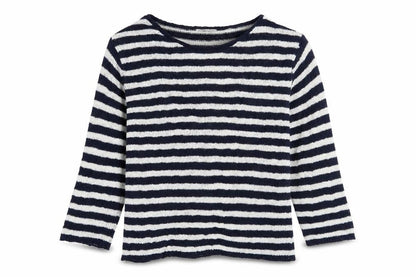 Front view of Comma women’s blue round neck striped cotton jumper, size UK 36