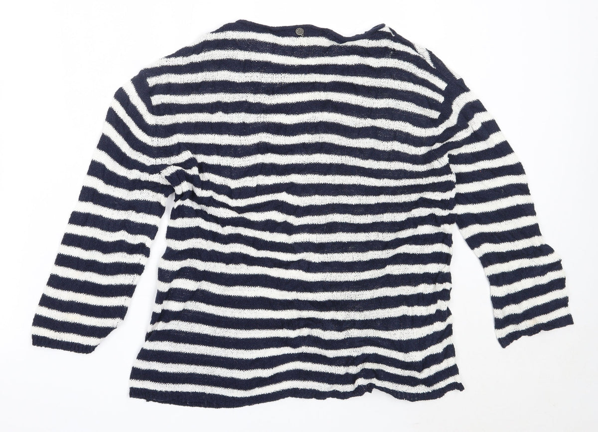 Back view of Comma women’s blue round neck striped cotton jumper, size UK 36