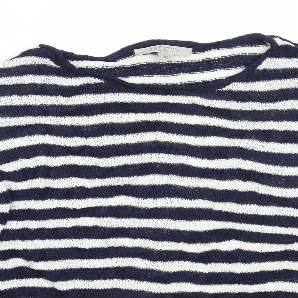 Close-up detail of Comma women’s blue round neck striped cotton jumper, size UK 36