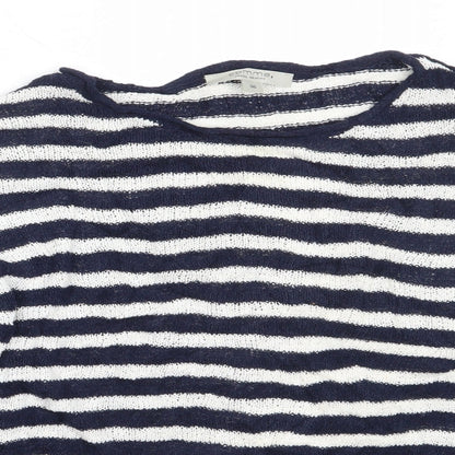 Close-up detail of Comma women’s blue round neck striped cotton jumper, size UK 36
