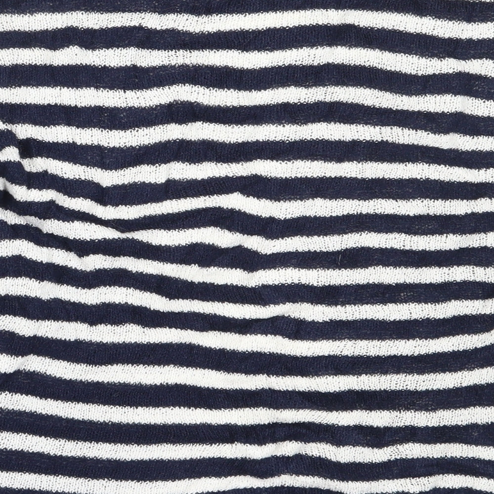 Brand and care label for Comma women’s blue round neck striped cotton jumper, size UK 36