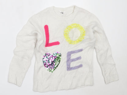M&Co Girls White Round Neck  Polyester Pullover Jumper Size 7-8 Years