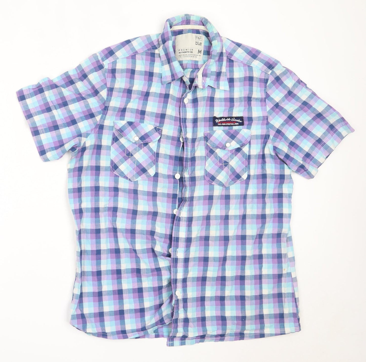 F&F Mens Blue Check Cotton  Button-Up Size M Collared