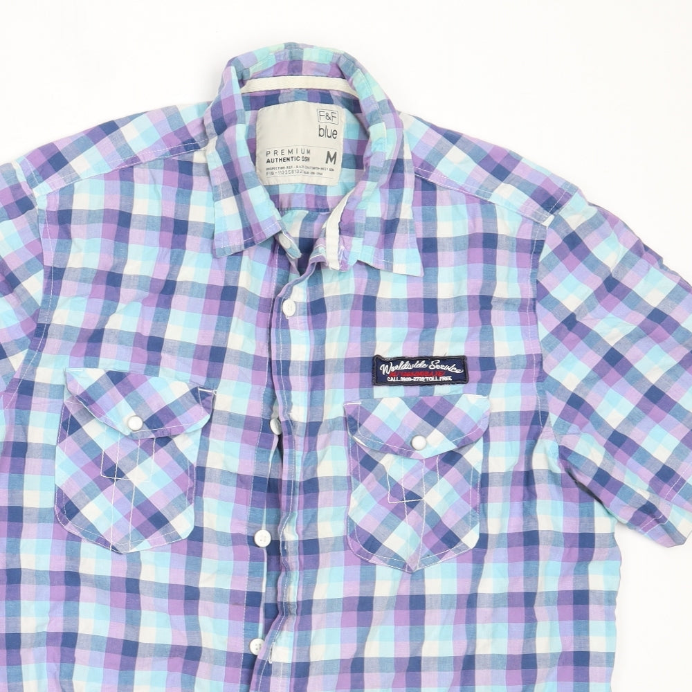 F&F Mens Blue Check Cotton  Button-Up Size M Collared