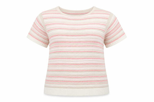 Front view of Berkertex women’s multicoloured round neck striped acrylic jumper, size UK 14