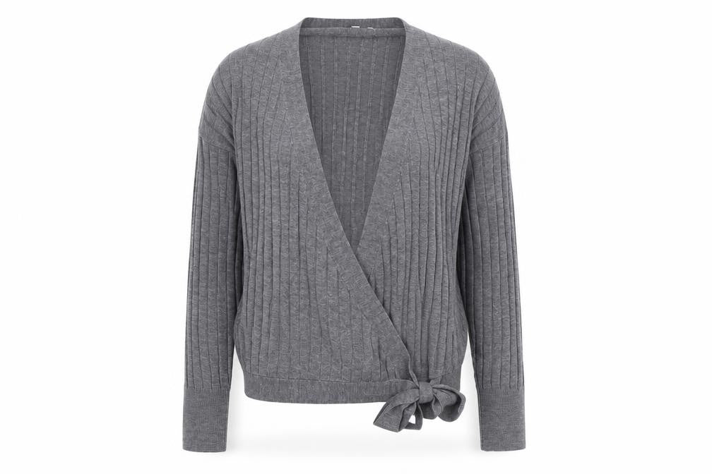 Front view of Next women’s grey v-neck acrylic cardigan jumper, size UK 10