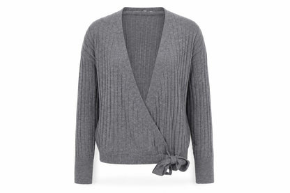 Front view of Next women’s grey v-neck acrylic cardigan jumper, size UK 10