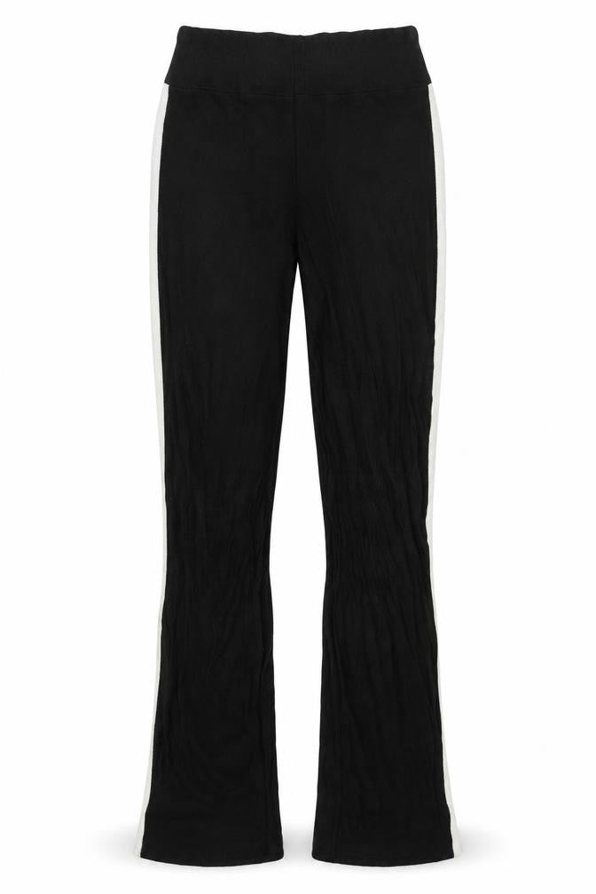 Front view of Preworn women’s black striped acrylic jogger trousers, size M, 30-inch leg regular