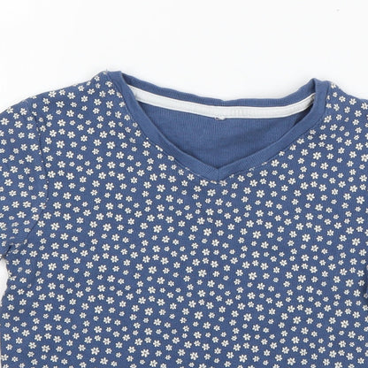 George Girls Blue Floral Cotton Basic T-Shirt Size 10-11 Years V-Neck Pullover