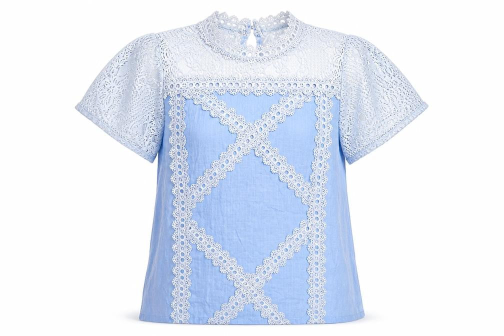 Front view of Preworn women’s blue cotton basic blouse, size XL, round neck - crochet detail
