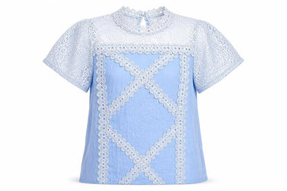 Front view of Preworn women’s blue cotton basic blouse, size XL, round neck - crochet detail