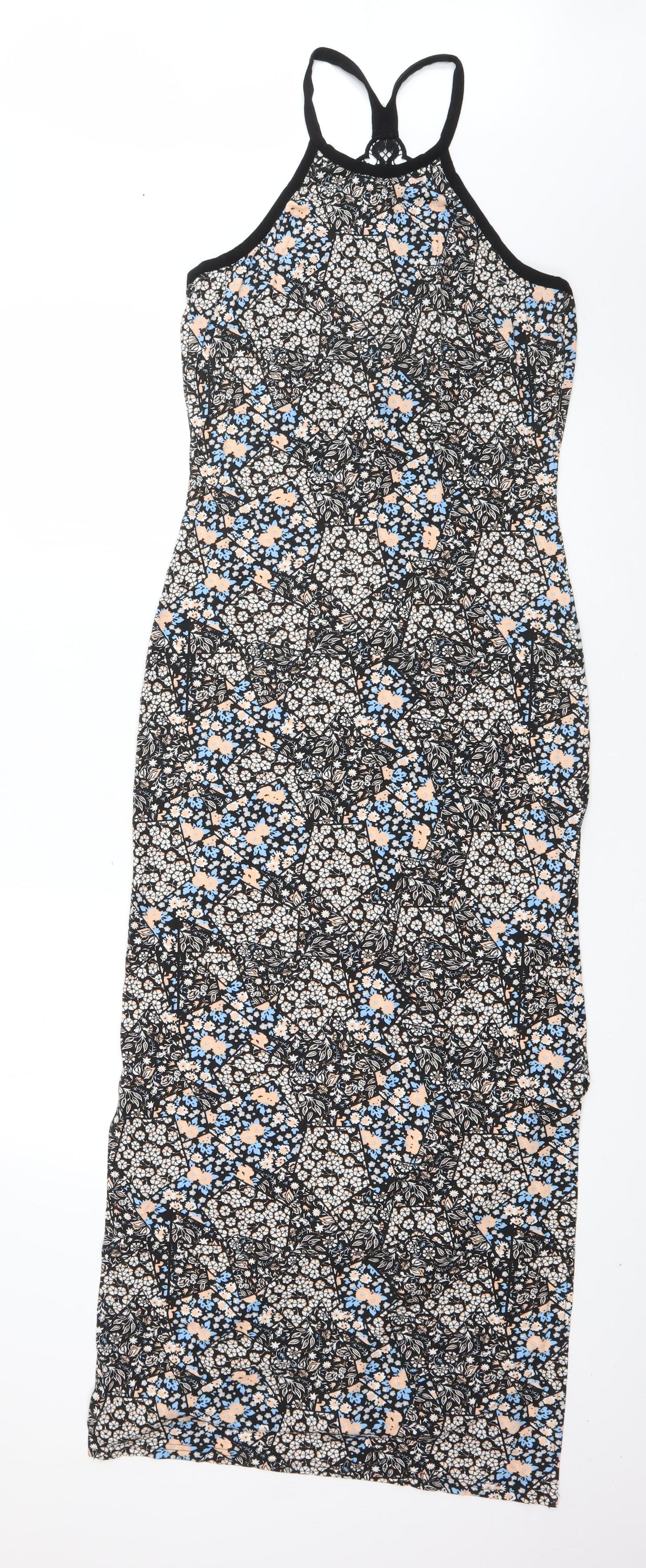 Miss Selfridge Womens Black Geometric Viscose Maxi  Size 10  Round Neck Pullover - lace back