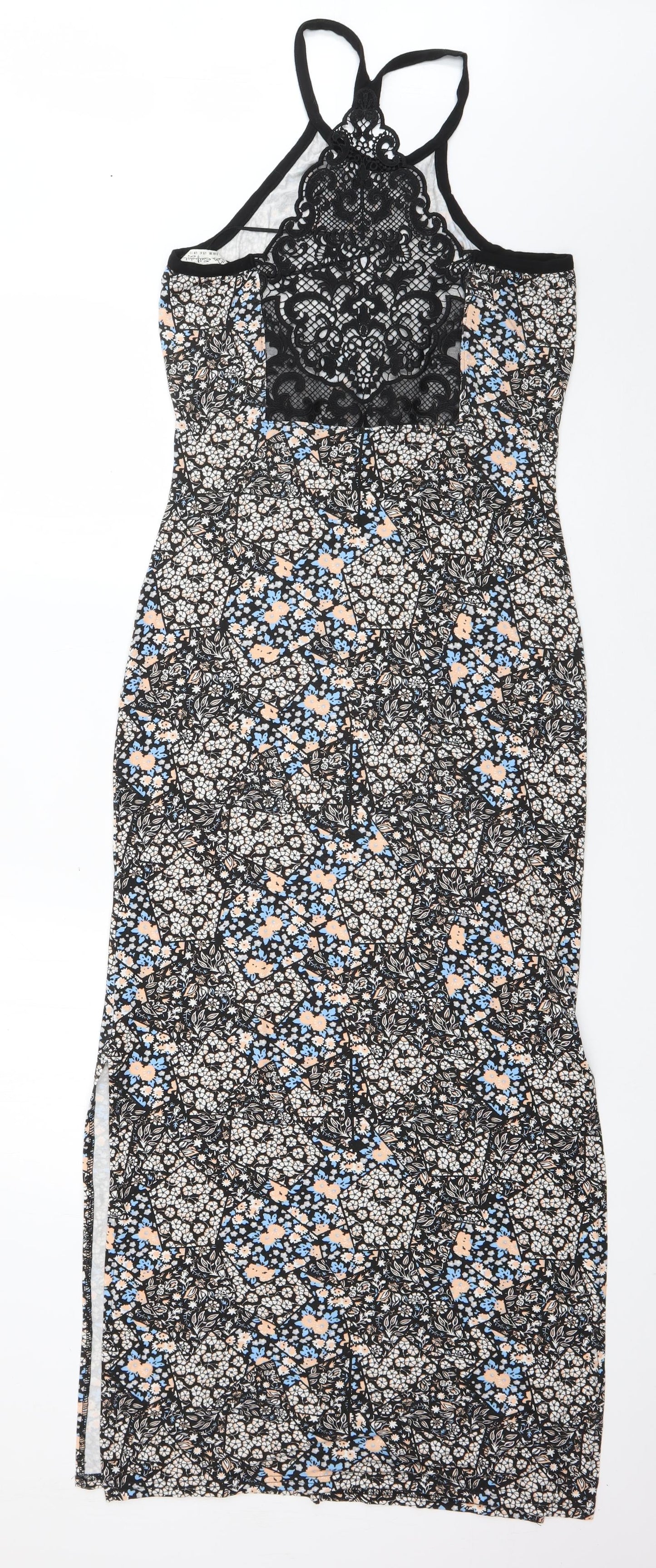 Miss Selfridge Womens Black Geometric Viscose Maxi  Size 10  Round Neck Pullover - lace back