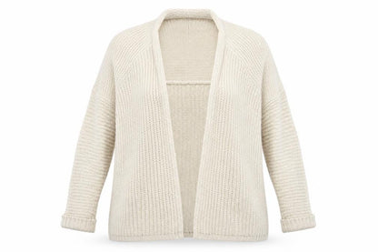 Front view of F&F women’s ivory v-neck acrylic cardigan jumper, size UK 12