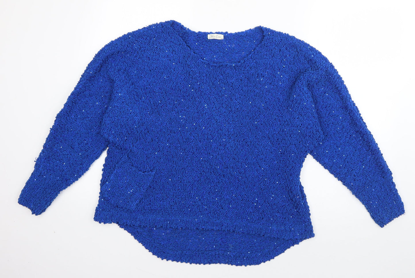 Miss Line Womens Blue Scoop Neck  Wool Pullover Jumper Size L