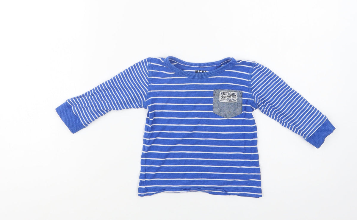 Additional front view of Next Baby Blue Striped Cotton Basic Blouse, size 9-12, Months Crew Neck
